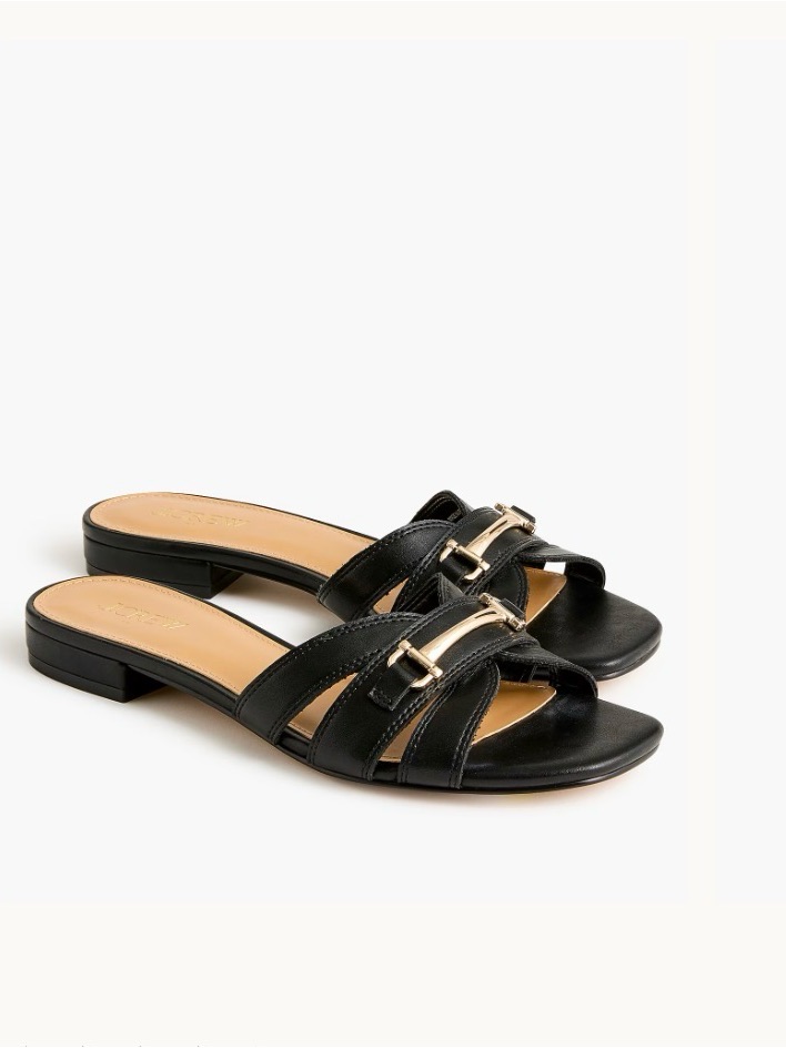 J. Crew Black Leather Slide Sandals With Gold Buckle